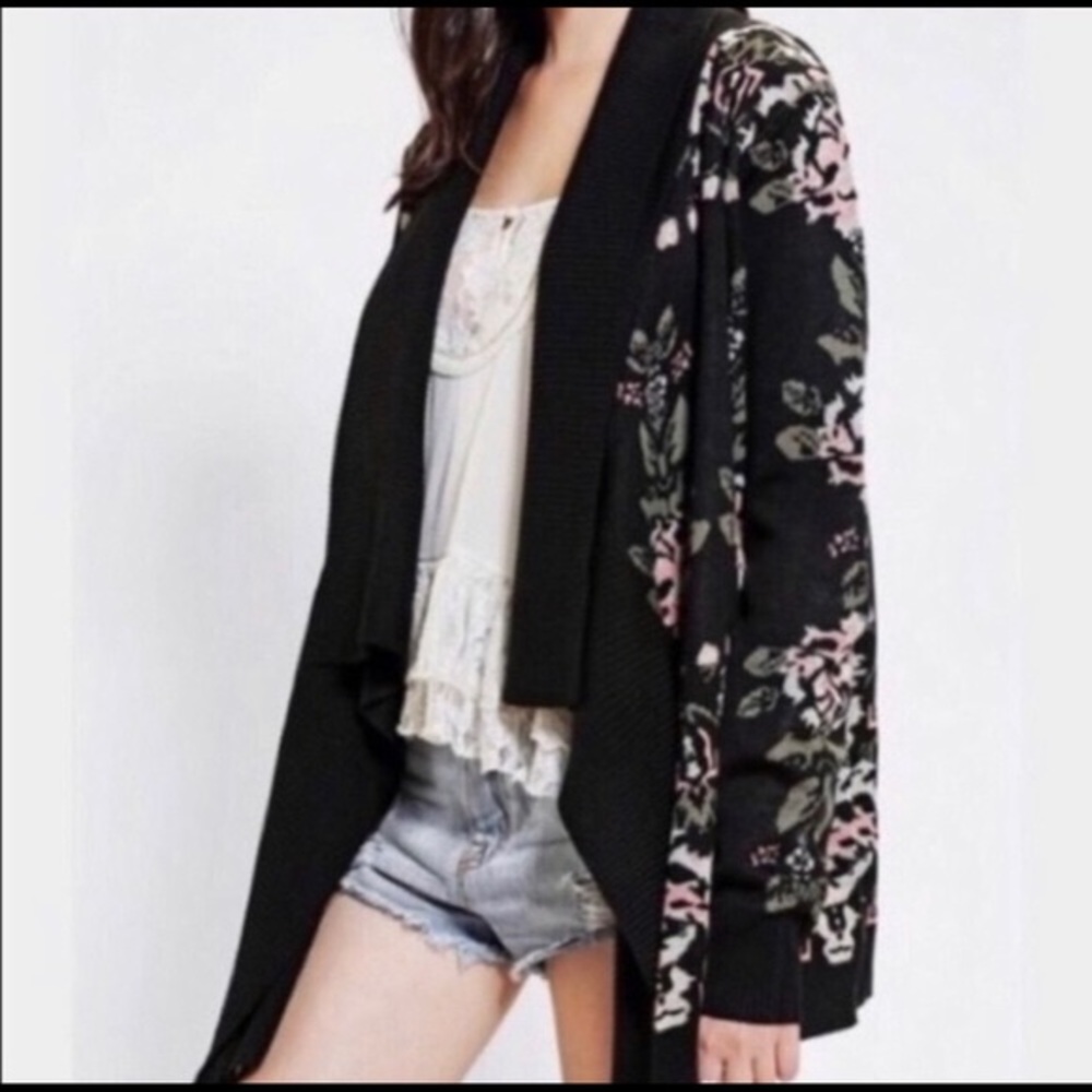 Staring at stone black floral open-front cardigan